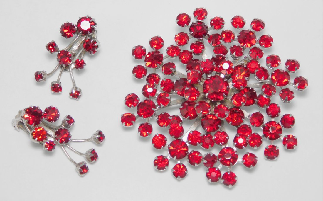 Vintage Red Rhinestone Snowflake Brooch & Earring Set (1 of 6)