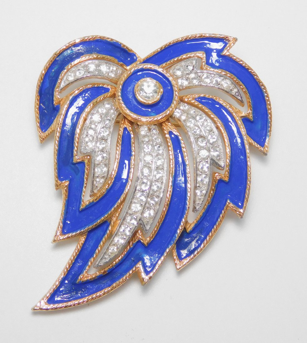 Vintage Kramer Blue Enamel & Crystal Rhinestone Brooch: Brooch: 1 3/4" x 2 1/2"