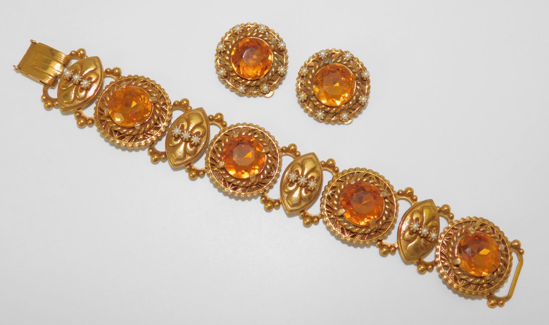 Vintage ART Amber Rhinestone Bracelet & Earring Set (1 of 6)