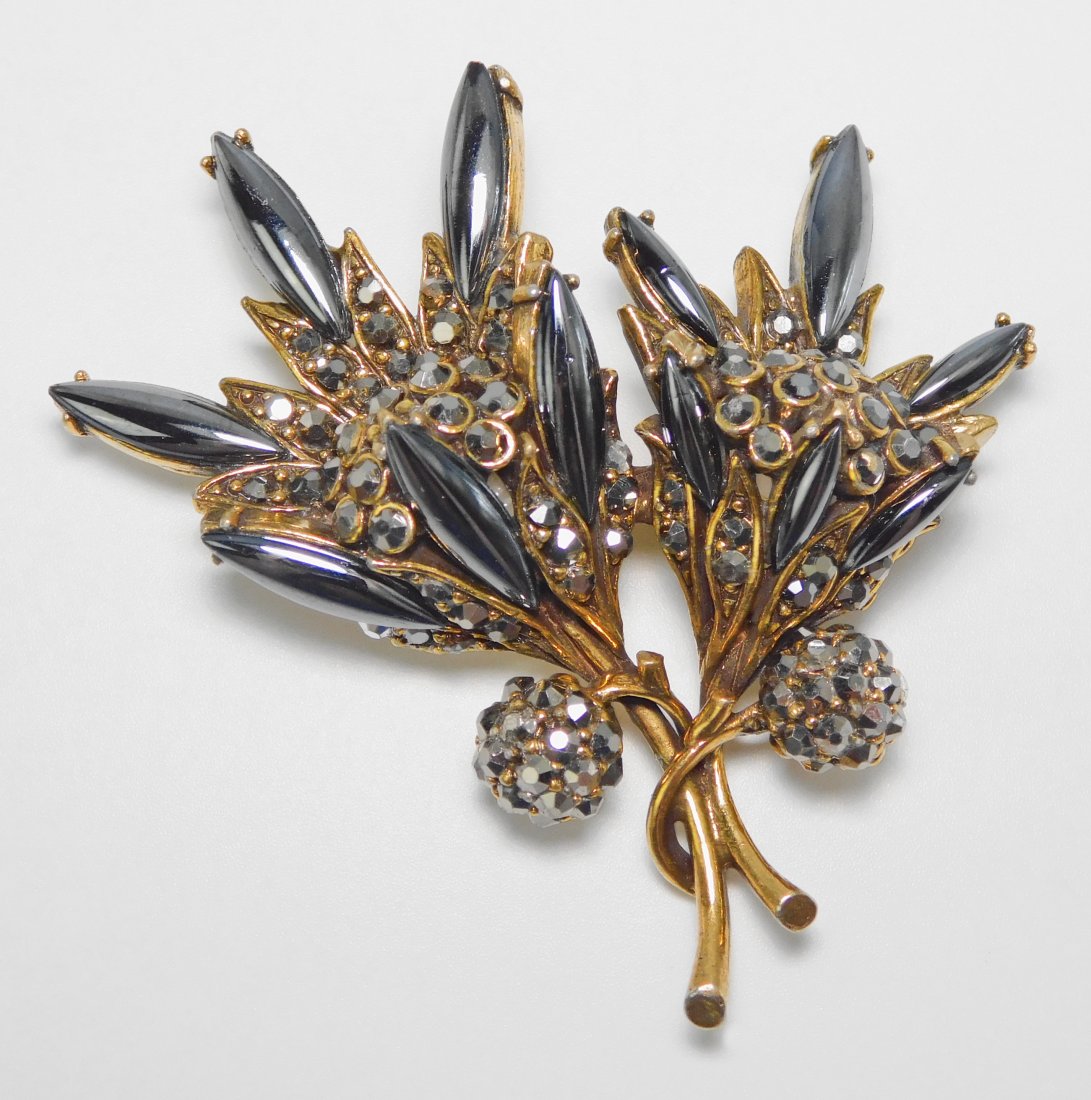 Vintage Hematite Stone Brooch: Unsigned Hollycraft, 2 1/2" across, 2 1/2" down