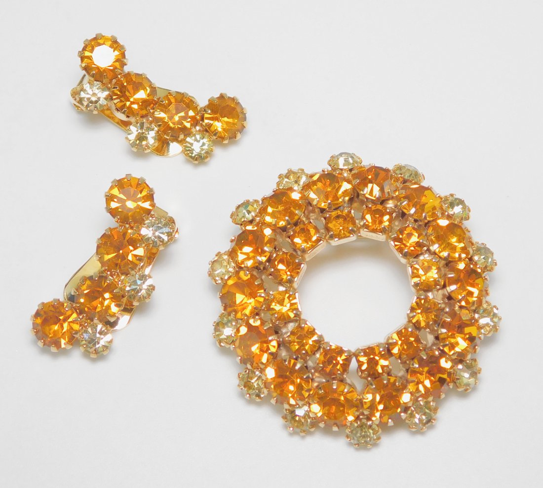 Vintage Jonquil & Amber Rhinestone Brooch & Earring Set (1 of 5)