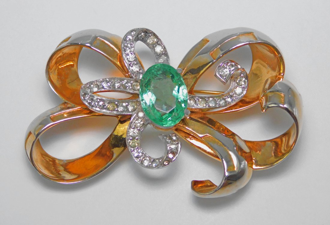 Vintage Mazer Pale Green Stone Brooch: 2 1/2" across, 1 1/2" down