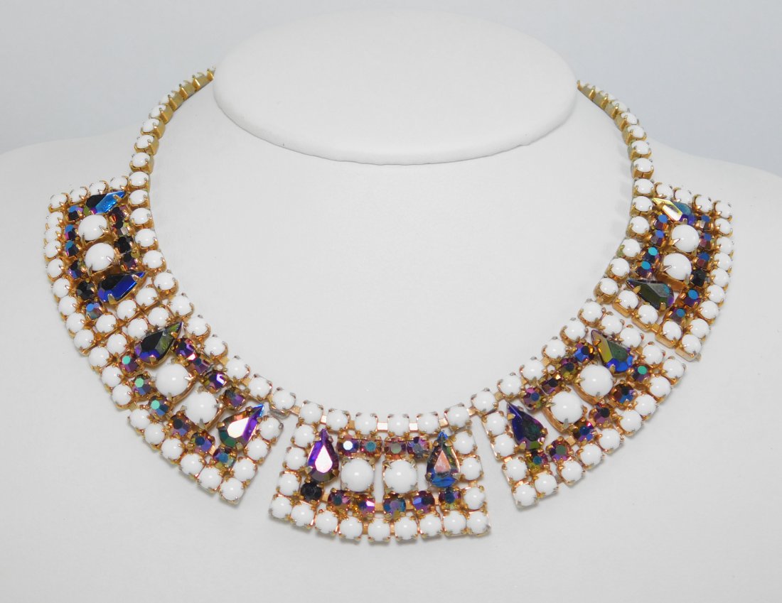 Vintage Milkglass & AB Rhinestone Collar Necklace (1 of 3)