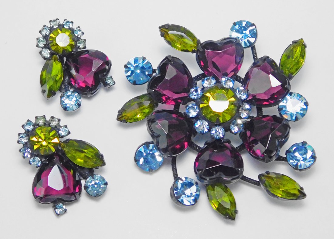 Vintage Japanned Rhinestone Brooch & Earring Set (1 of 6)