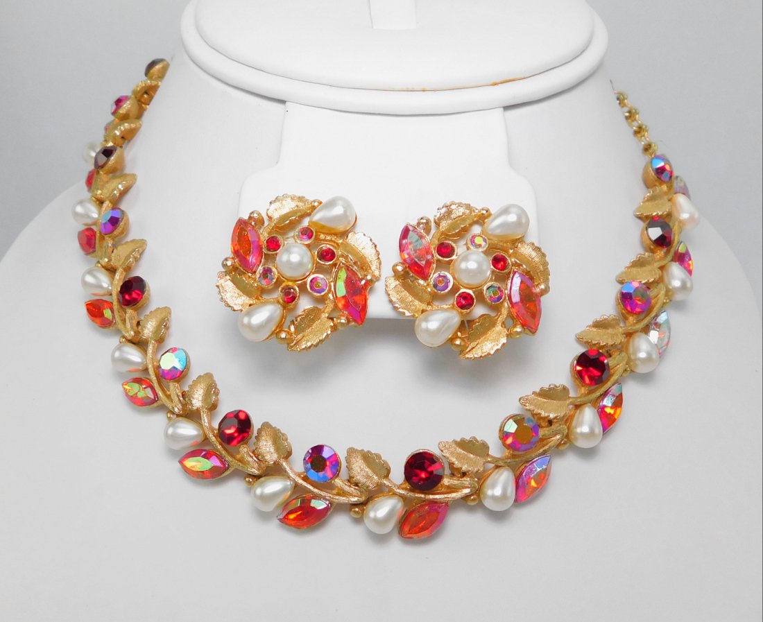 Vintage Red Rhinestone & Pearl Necklace & Earring Set (1 of 5)