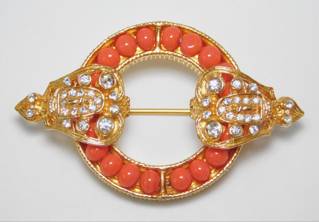 Vintage De Nicola Coral Bead & Rhinestone Brooch (1 of 4)