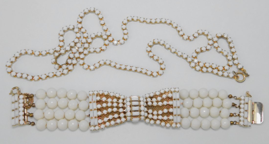 Vintage Mesh & Milkglass Bracelet & Necklace Set: Probably Hobe. Necklace: 38", Bracelet: 7" x 1 1/4"