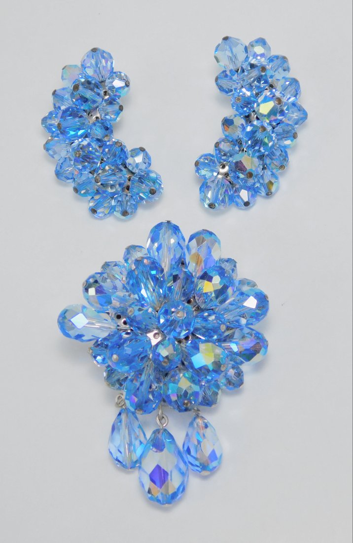 Vintage Blue Crystal Bead Brooch & Earring Set (1 of 6)