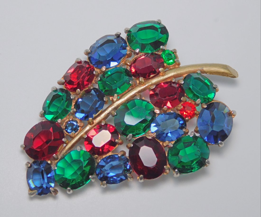 Vintage Jewel Tone Czech Glass Leaf Brooch: Brooch: 2" x 3"