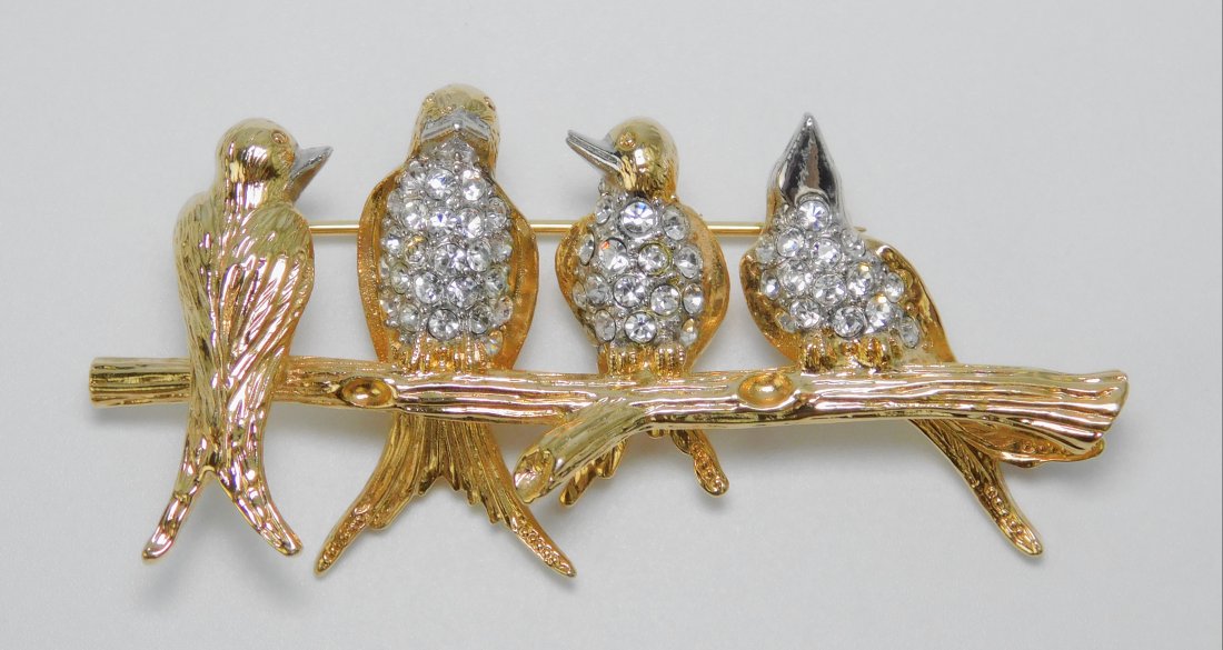 Joan Rivers Birds on a Limb Rhinestone Brooch: Brooch: 2 3/4" x 1 1/4"