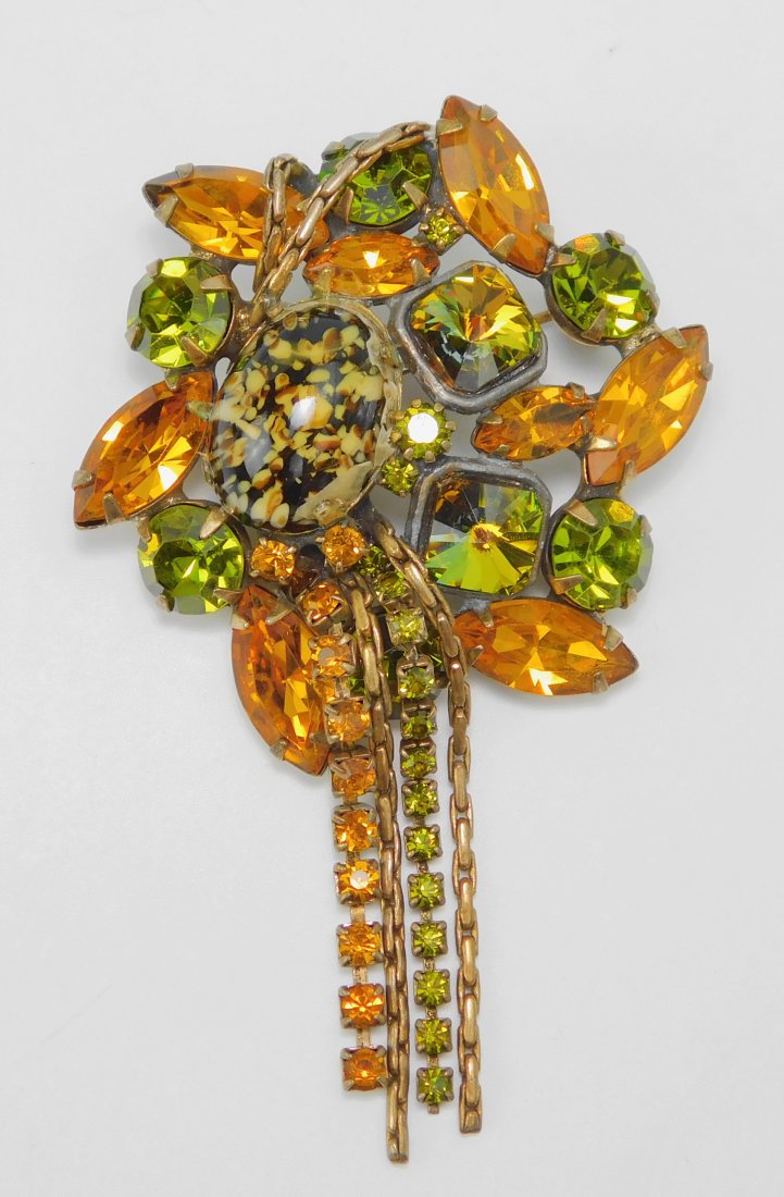 Vintage Rhinestone Brooch With Chain Dangles: Probably Alice Caviness. Brooch: 2"