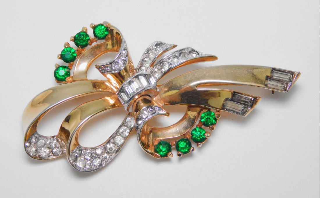 Vintage Mazer Green & Crystal Rhinestone Brooch: Brooch: 2 1/2" x 1 1/2"