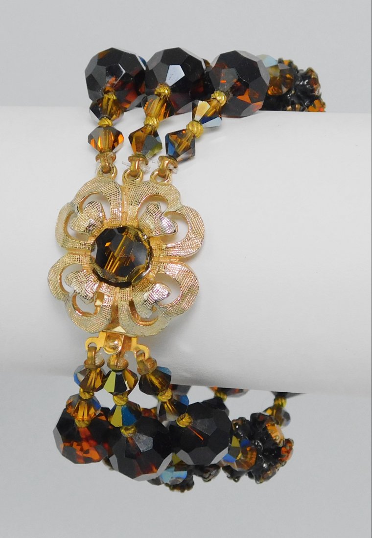 Vintage Black Glass & Amber Rhinestone Bead Bracelet: Bracelet: 7"