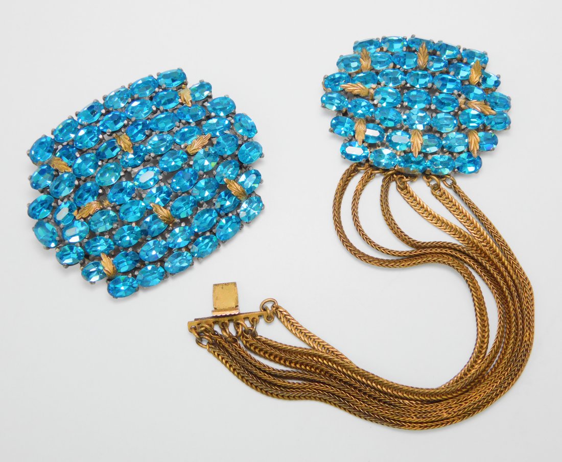 Vintage Turquoise Oval Rhinestone Bracelet & Brooch Set (1 of 8)