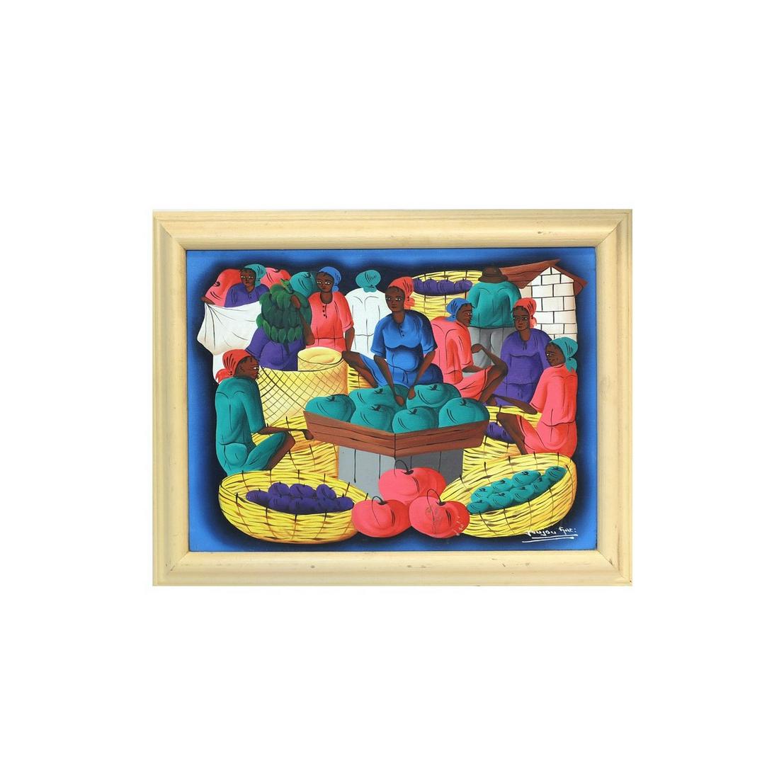 Vintage Haitian Oil / Canvas: Vintage Haitian Oil on Canvas "Market Scene" Signed Jou Jou Art Lower Right. Inscribed en verso. Sight measures 10-1/4" x 14-3/4", frame measures 14-3/4" x 18-3/8". Condition: Good condition. Domestic