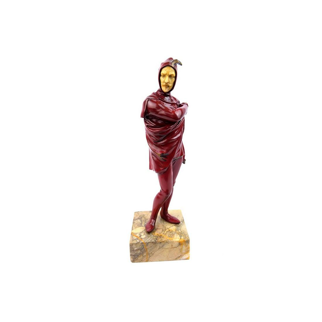 Bronze Sculpture Mephisto The Demon: Antique Bronze Sculpture of Mephisto The Demon with Bakelite Face After: Johann Wolfgang Von Goethe, German (1749 - 1832). Presented on marble base. Unsigned. Measures 9-1/2" x 2-7/8" x 2-7/8". Condit