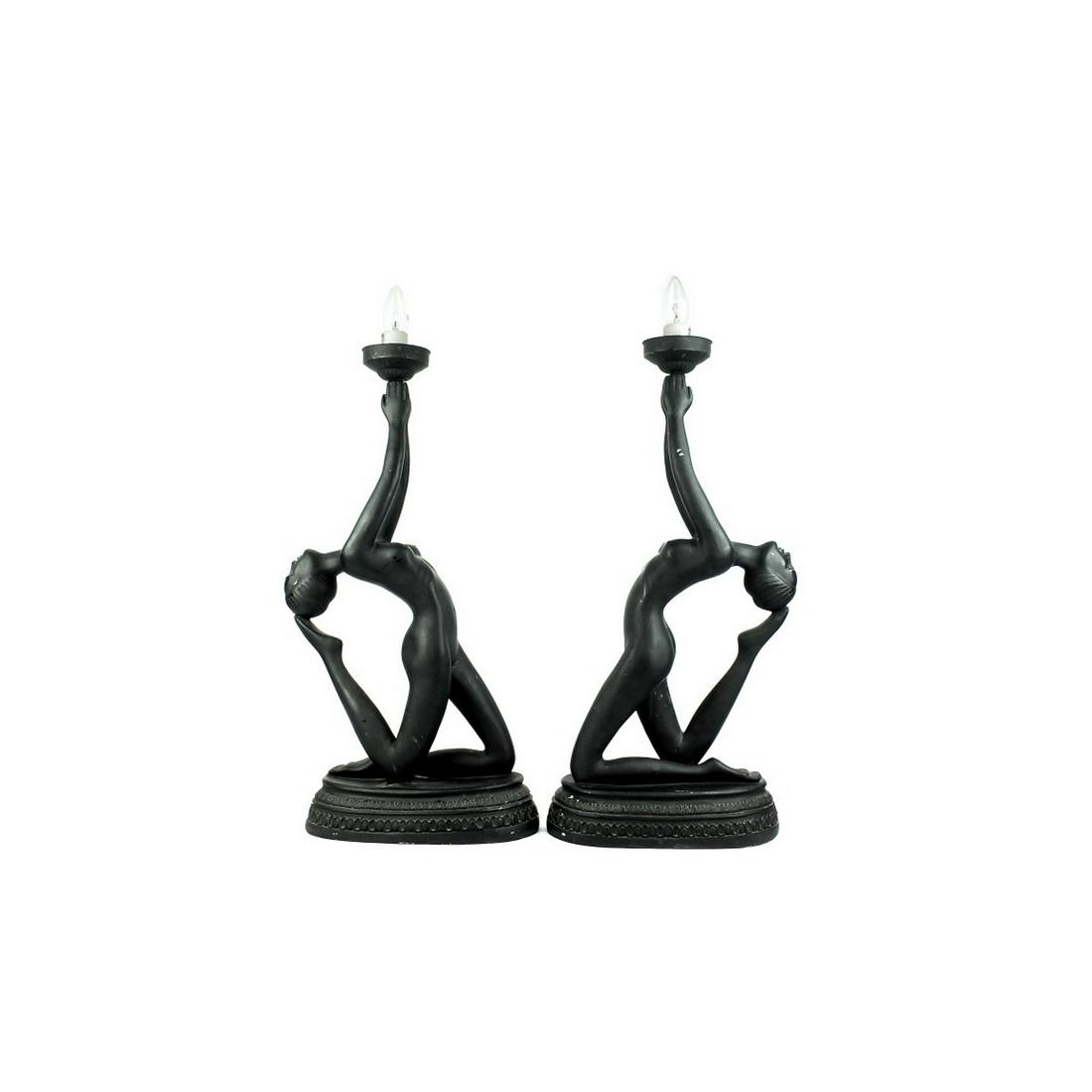 Pair of Art Deco Lamps: Pair of Large Art Deco Black Lady Nude Composition Lamps. Unsigned. Measures 23-3/4" x 10-3/4" x 5". Condition: One has white spotting on the surface, both lamps need cleaning and have some surface li