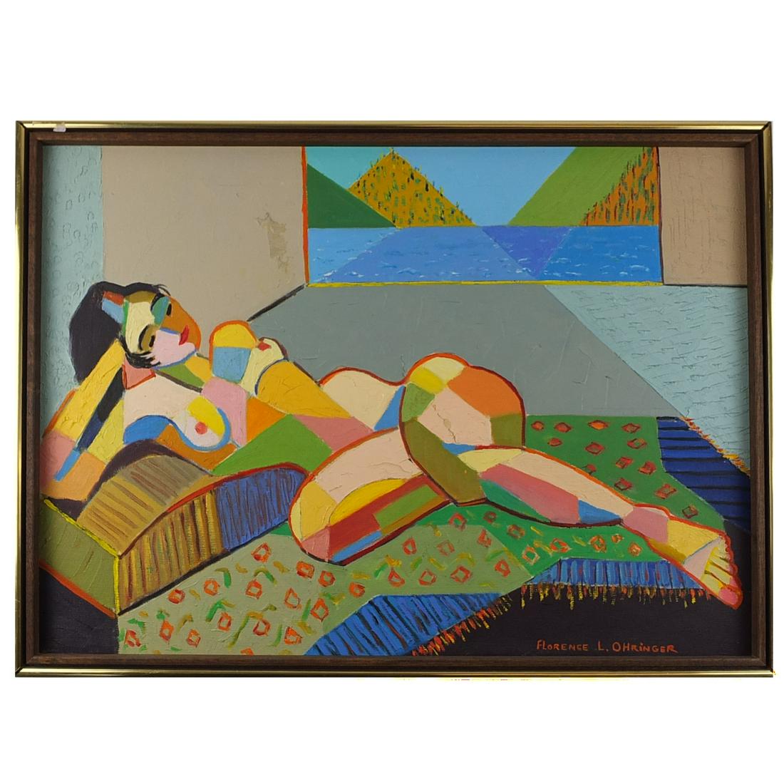 Florence L. Ohringer (20th C.): Florence L. Ohringer, American (20th century) Oil on Canvas "Reclining Cubist Nude" Signed Lower Right. Inscribed en verso. Measures 18" x 24". Frame measures 19" x 25-1/4". Condition: Paint loss to a