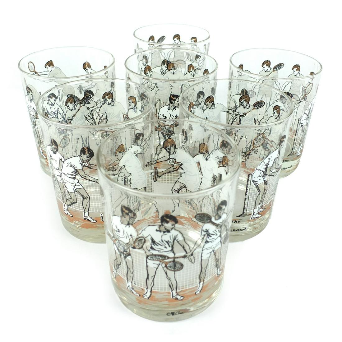 Cera Double Old Fashion Glasses: Set of Seven Cera "The Forehand" Double Old Fashioned Glasses. Signed. Enamel painted scene. Measures 4-1/8" x 3-1/4". Condition: Good condition. Estimate $50.00 - $150.00 Domestic shipping Third part