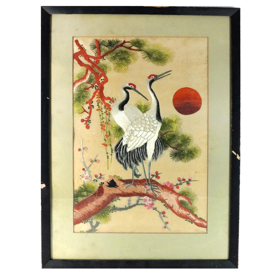 Japanese Embroidered Panel: Vintage Framed Japanese Silk Embroidered Panel. Unmarked. Sight measures19" x 12". Frame measures 25" x 17-5/8". Condition: Good condition. Estimate $50.00 - $150.00 Domestic shipping Third party