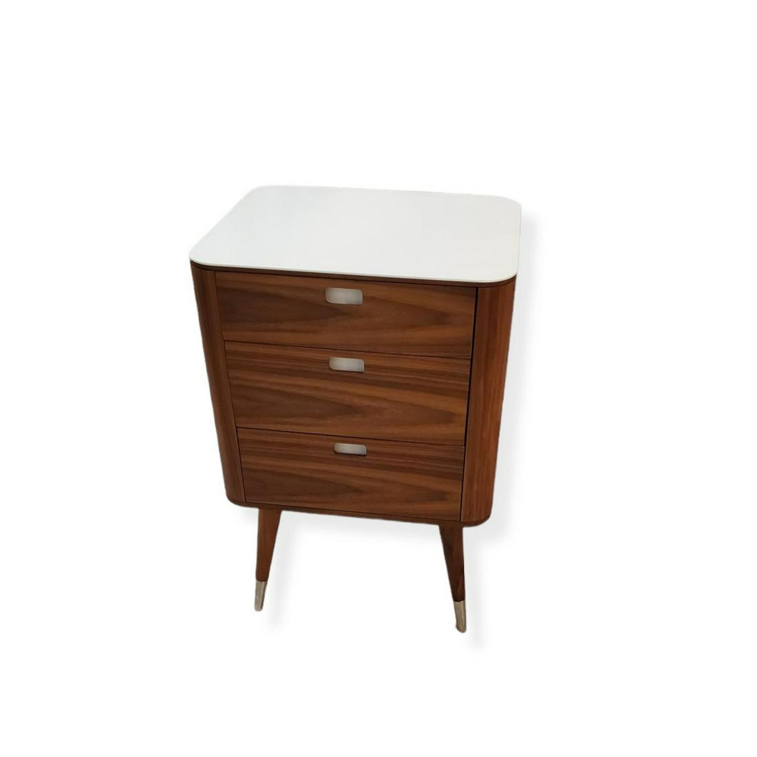 Nissen & Gehl for Naver Nightstand: Nissen & Gehl for Naver Collection Danish Mid Century Wooden Nightstands. Stamped and numbered 2410 on the bottom side. Features three drawers, labeled on interior and stands on rounded high tapering 