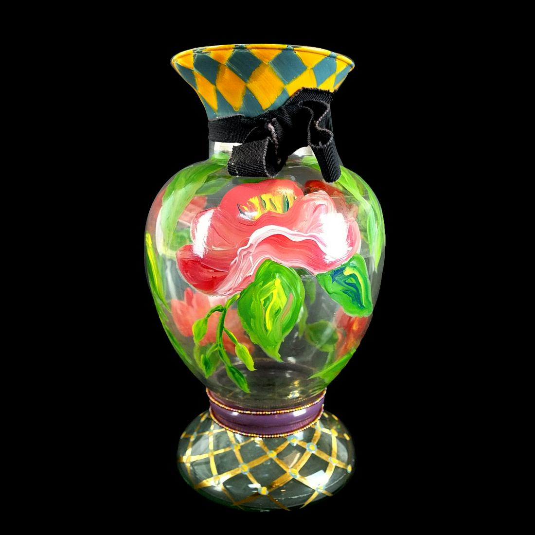 Mackenzie Childs Vase: Vintage Mackenzie Childs Victoria and Richards Hand Painted Glass Vase. Signed. Measures 8-3/4" x 4-1/2". Condition: Good condition. Estimate $40.00 - $120.00 Domestic shipping Third party