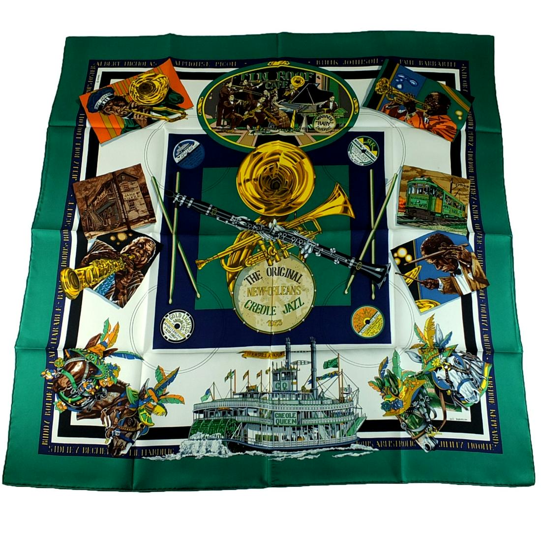 Hermes Scarf: Hermes "New Orleans" Silk Scarf Designed by Loic Dubigeon. Measures approx. 35" squared. Condition: Good condition. No box. Estimate $100.00 - $400.00 Domestic shipping Third party