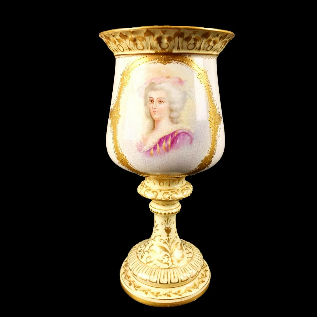 Antique Continental Chalice Vase: Antique Continental Hand Painted Chalice Vase with Portrait. Unsigned. Measures 8-1/2" x 4". Condition: Crazing otherwise good condition. Estimate 40.00 - 80.00 Domestic shipping Third party
