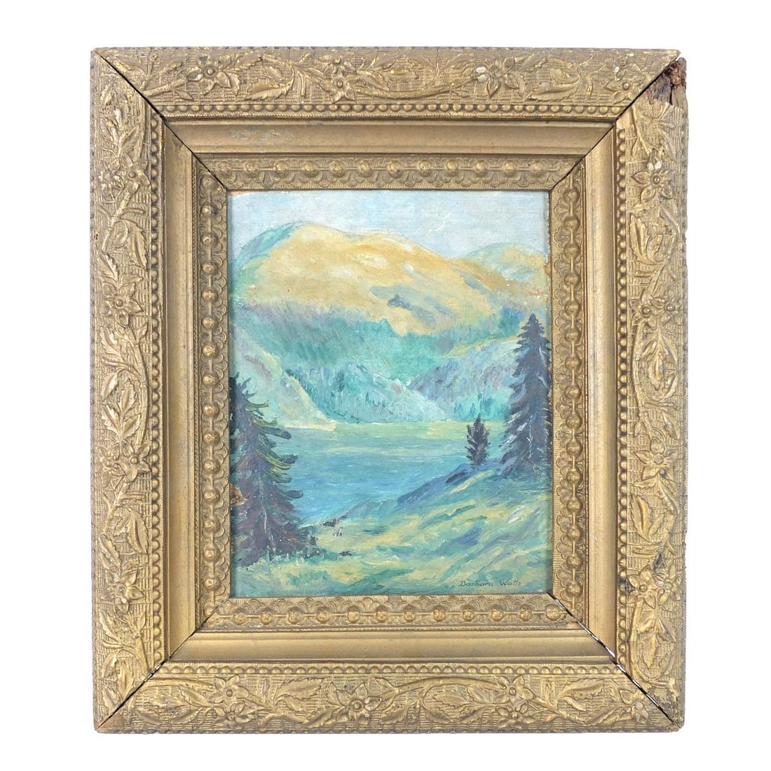 Barbara Watts (19/20th C.): Barbara Watts (19/20th Century) Oil on Board "Landscape Scene with Mountains" Signed Lower Right. Board measures 10" x 7-3/4". Frame measures 15-3/8" x 13-1/4". Condition: Good condition. Estimate 60.