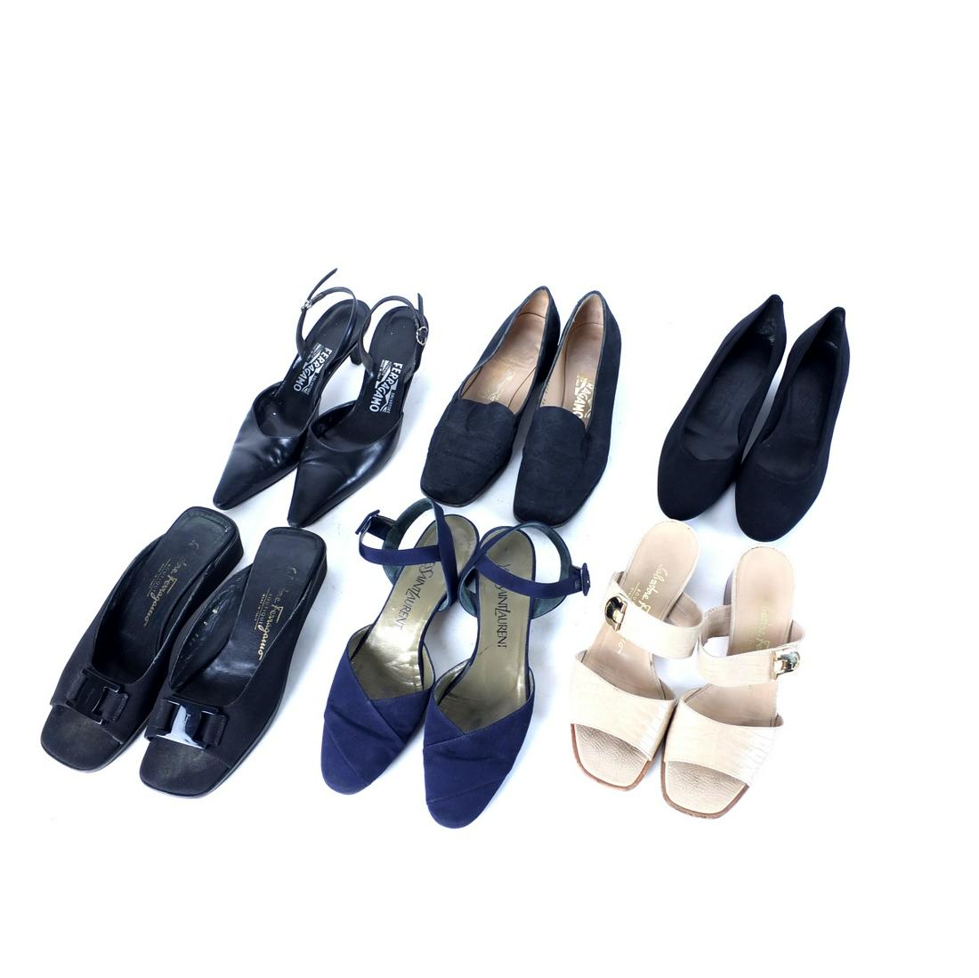 Six Pairs of Womens Shoes: A Pair of Womens Vintage Yves Saint Laurent Flat Sandals together with Five Pairs of Womans Vintage Salvatore Ferragamo Shoes. All in size 6. Condition: All in vintage used condition and may have wear