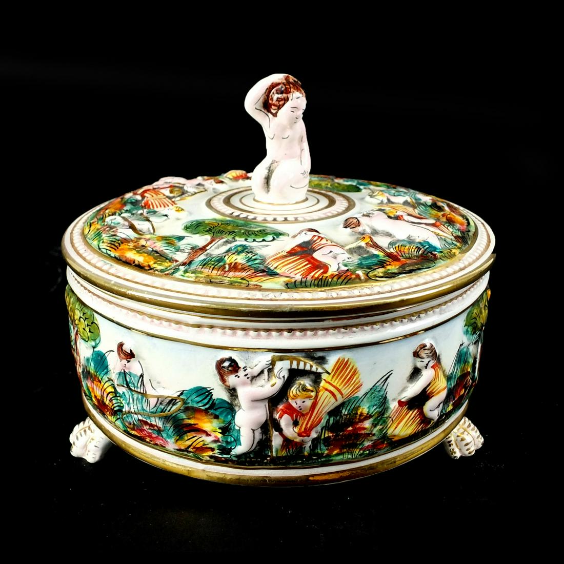Capodimonte Dresser Box: Vintage Capodimonte Raised Figural Porcelain Covered Dresser Box with Nude Finial. Marked on the base. Measures 6-1/2" x 8". Condition: Rubbing otherwise good condition. Estimate $40.00 - $80.00 Domes