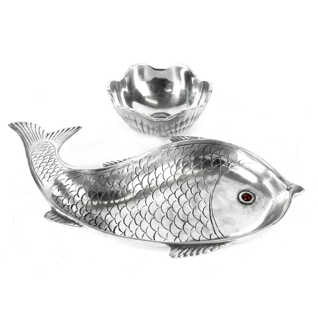Arthur Court Tableware: Arthur Court Aluminum Fish Serving Dish with Inset Carnelian Stone Accompanied by a Arthur Court Aluminum Bowl. Dish is signed and measures 1-3/4" x 14-1/4". Bowl measures 2-3/4" x 5-3/4". Condition: 
