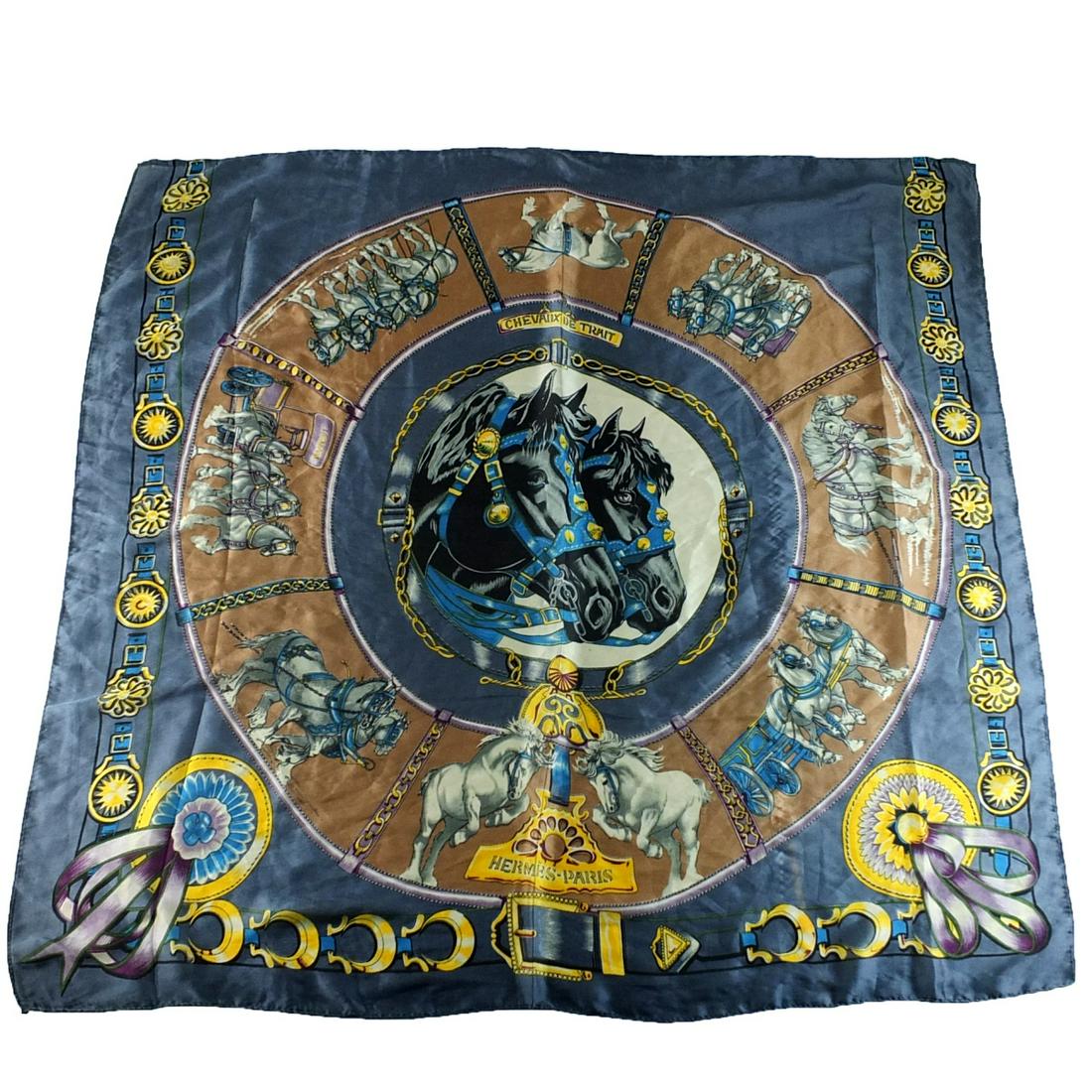 Hermes Scarf: Hermes "Chevaux De Trait" Silk Scarf by Laurence Bourthoumieux. Measures approx. 35". Condition: Good used condition. Slight fraying to the corners, no box. Estimate $100.00 - $400.00 Domestic shippin