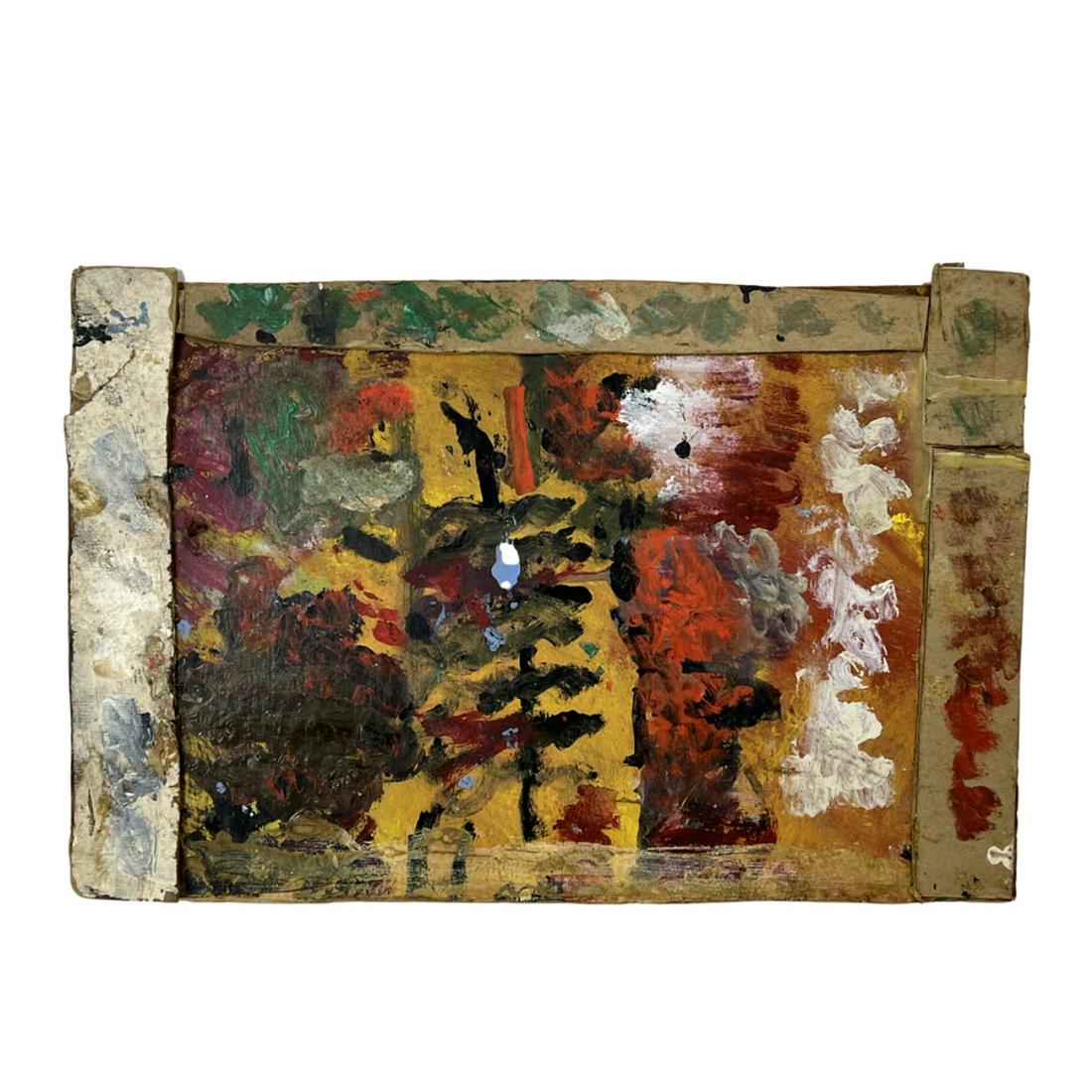 Purvis Young (1943 - 2010): Purvis Young, American (1943 - 2010) "Abstract Figurative Scene" Oil on Found Cardboard, Signed Upper Right Corner. Measures 17-1/2" x 11-1/2". Condition: Good condition. Estimate 200.00 - 400.00 Dome