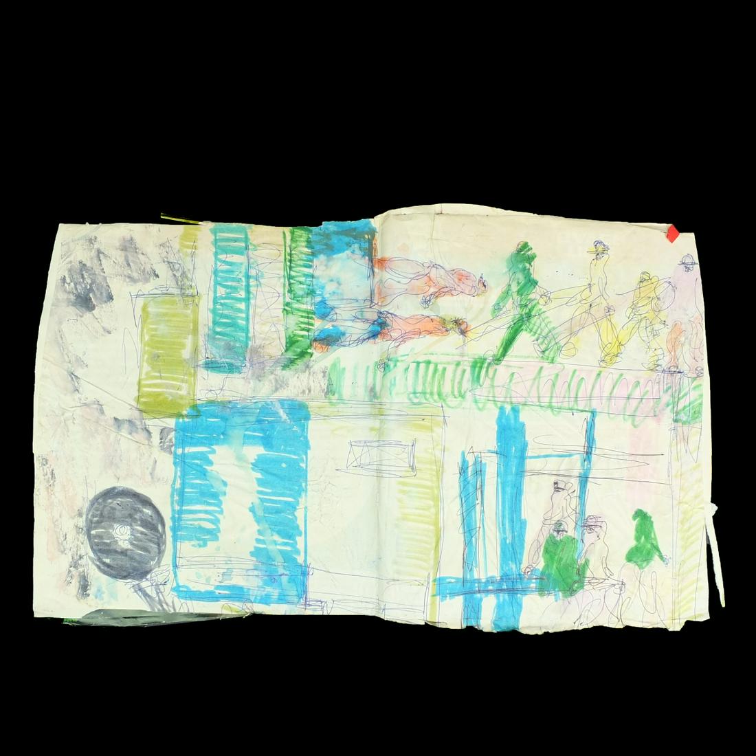 Purvis Young, American (1943 - 2010) Mixed Media Painting on Found Material Depicting Figural Scenes: Purvis Young, American (1943 - 2010) Mixed Media Painting on Found Material Depicting Figural Scenes on the Front and Obverse Side. Measures 14" x 22" (unfolded). Condition: Material has some wear to 