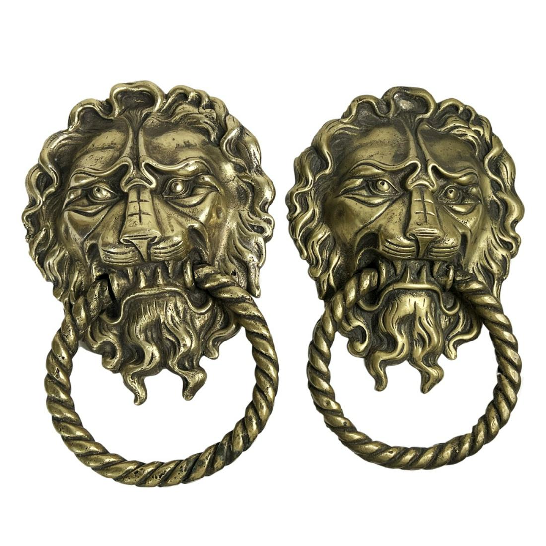 Pair of Large Brass Lion Head Door Knockers. Measures 12" x 7-1/2". Condition: Good condition. (1 of 3)