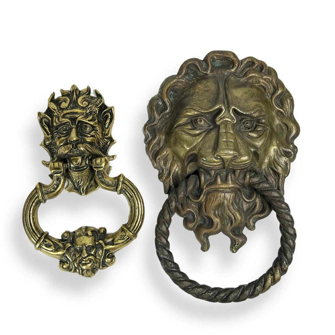 Grouping of Two Vintage Brass Door Knockers to Include a Lion Head together with a Pan Figure. Lion (1 of 3)