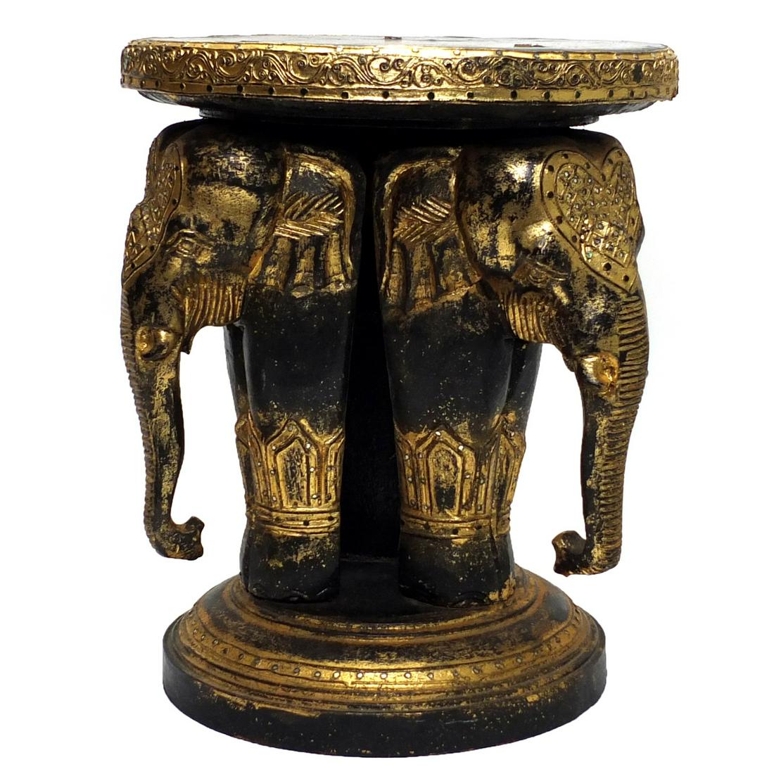 Large Vintage Thai Hand Painted Garden Seat with Elephant Relief. Measures 17" x 14". Condition:: Large Vintage Thai Hand Painted Garden Seat with Elephant Relief. Measures 17" x 14". Condition: Rubbing to paint, normal surface wear otherwise good condition. Estimate 100.00 - 300.00 Domestic shipp