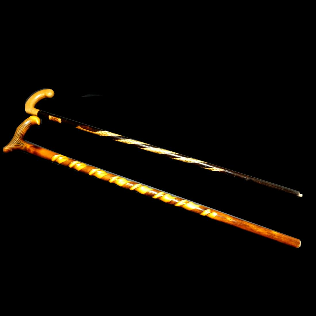 Grouping of Two Vintage Hand Carved Wooden Canes / Walking Sticks. Largest measures 35-3/4". (1 of 6)