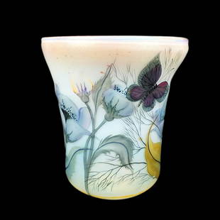 Erwin Eisch (b. 1927) Art Glass Vase: Erwin Eisch, German (b. 1927) "Flowers and Butterflies" Art Glass Vase. Signed and dated 1988. Measures 7-1/2" x 7-1/2" x 7". Condition: Good condition. Estimate 100.00 - 300.00 Domestic shipping Thir