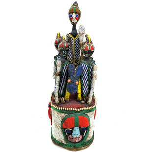 Large Early 20th C. Yoruba Ceremonial Crown: Large Early 20th Century Yoruba (Benin) Impressive Multi-Color Beaded and Nassa Shell Ceremonial Crown Headdress with King on Horseback and Guardian Figures Surmounted Top. Overall measures 27-1/2" x