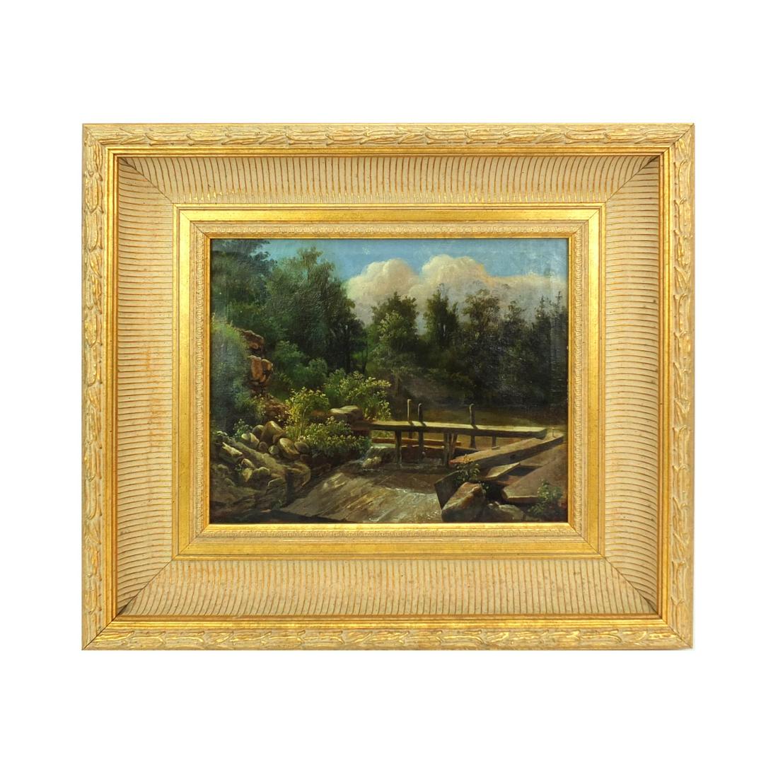 Joseph Foxcroft Cole, American (1837 - 1892): Joseph Foxcroft Cole, American (1837 - 1892) "Pastoral Scene" Oil on Canvas, Signed on Obverse Side. Measures 10-1/4" x 12". Frame measures 17" x 19". Condition: Appears to have a small restoration to