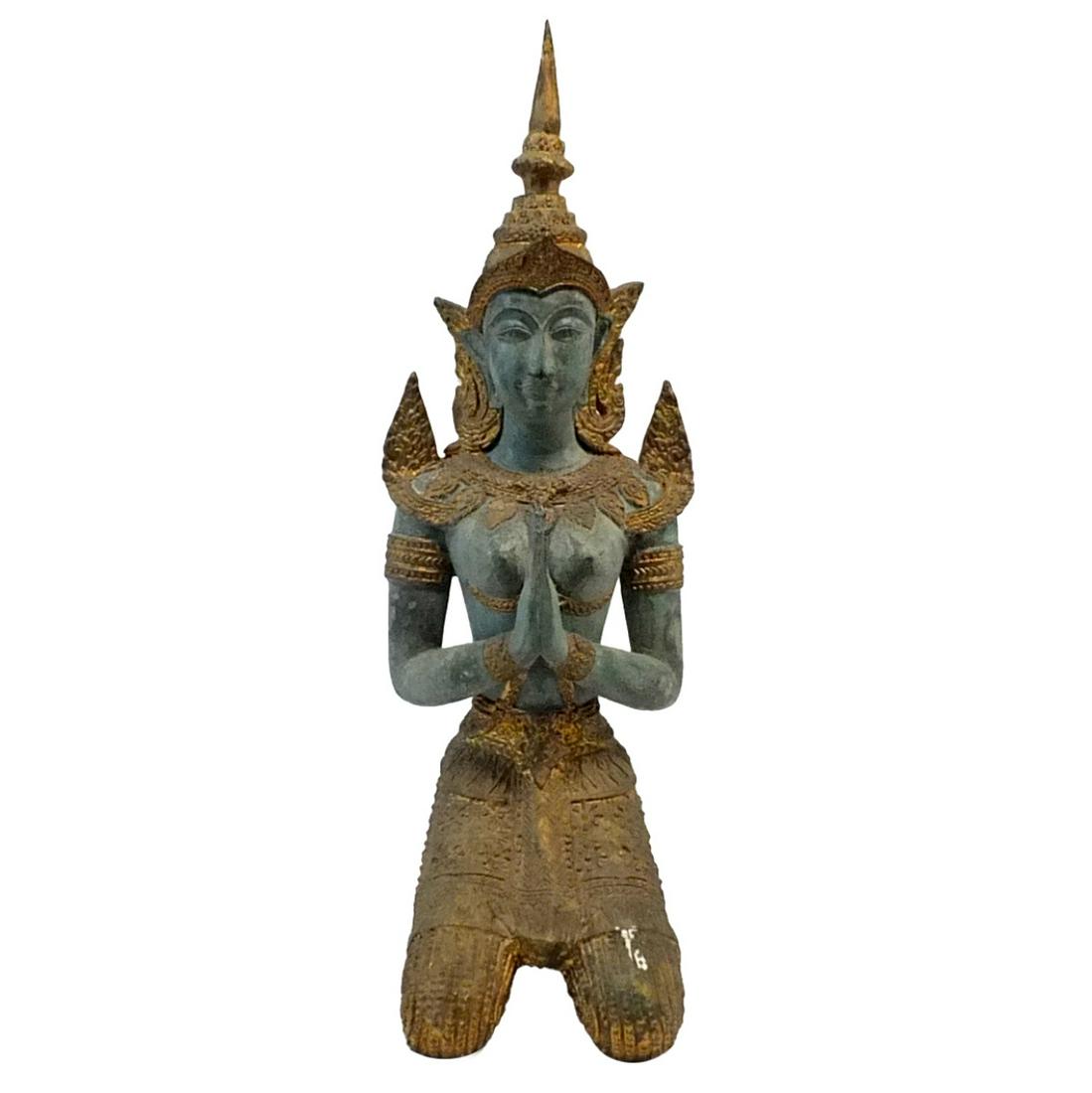 Antique Thai Bronze Sculpture: Antique Thai Parcel Gilt Bronze Sculpture of a Kneeling Figure. Measures 15-5/8" x 5-1/4" x 6". Condition: Needs cleaning otherwise good condition. Estimate 100.00 - 300.00 Domestic shipping Third par