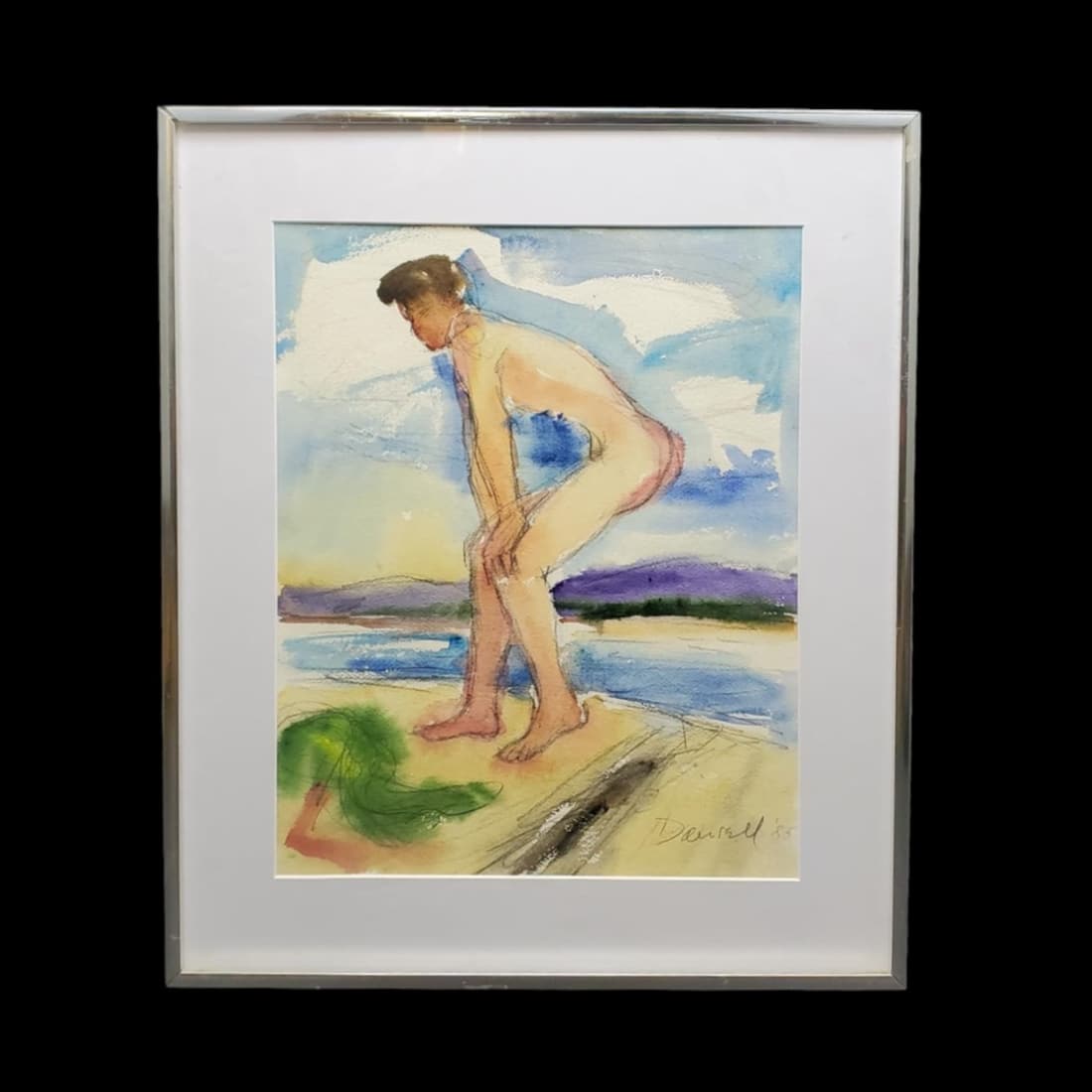 George Daniell, American (1911 - 2002): George Daniell, American (1911 - 2002) Watercolor and Paper on Paper "Nude at the Beach" Signed and Dated 1985 Lower Right. Measures 14-1/2" x 11-1/2". Frame measures 19-5/8" x 16-1/2". Condition: Goo