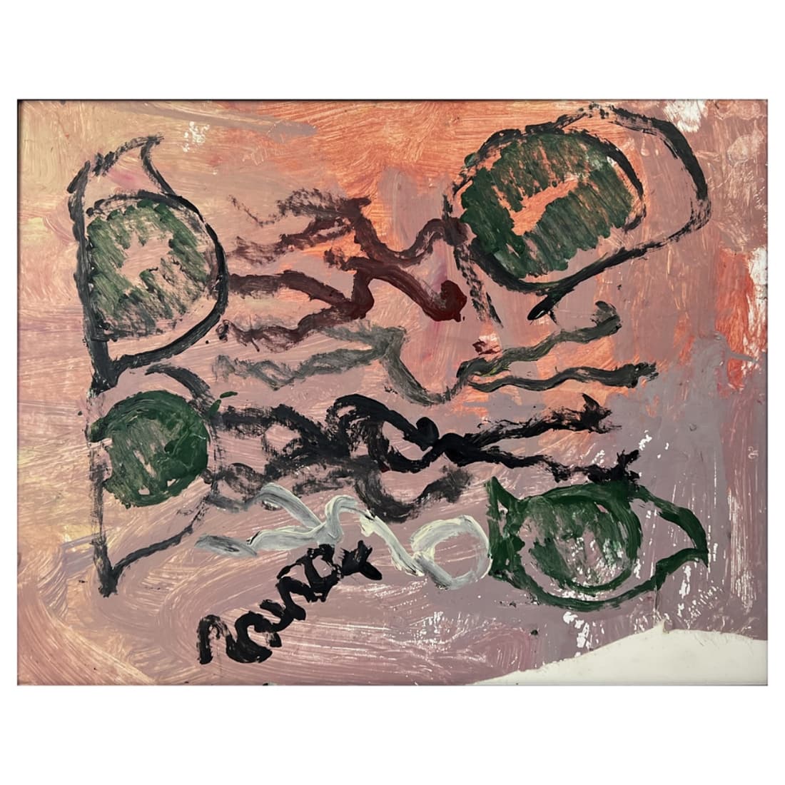 Purvis Young (1943 - 2010): Purvis Young, American (1943 - 2010) "Horses and Eyes" Oil on Canvas Laid on Board, Signed Lower Left. Measures 19-1/2" x 16". French measures 21-1/4" x 17-1/2". Condition: Good condition. Estimate 10