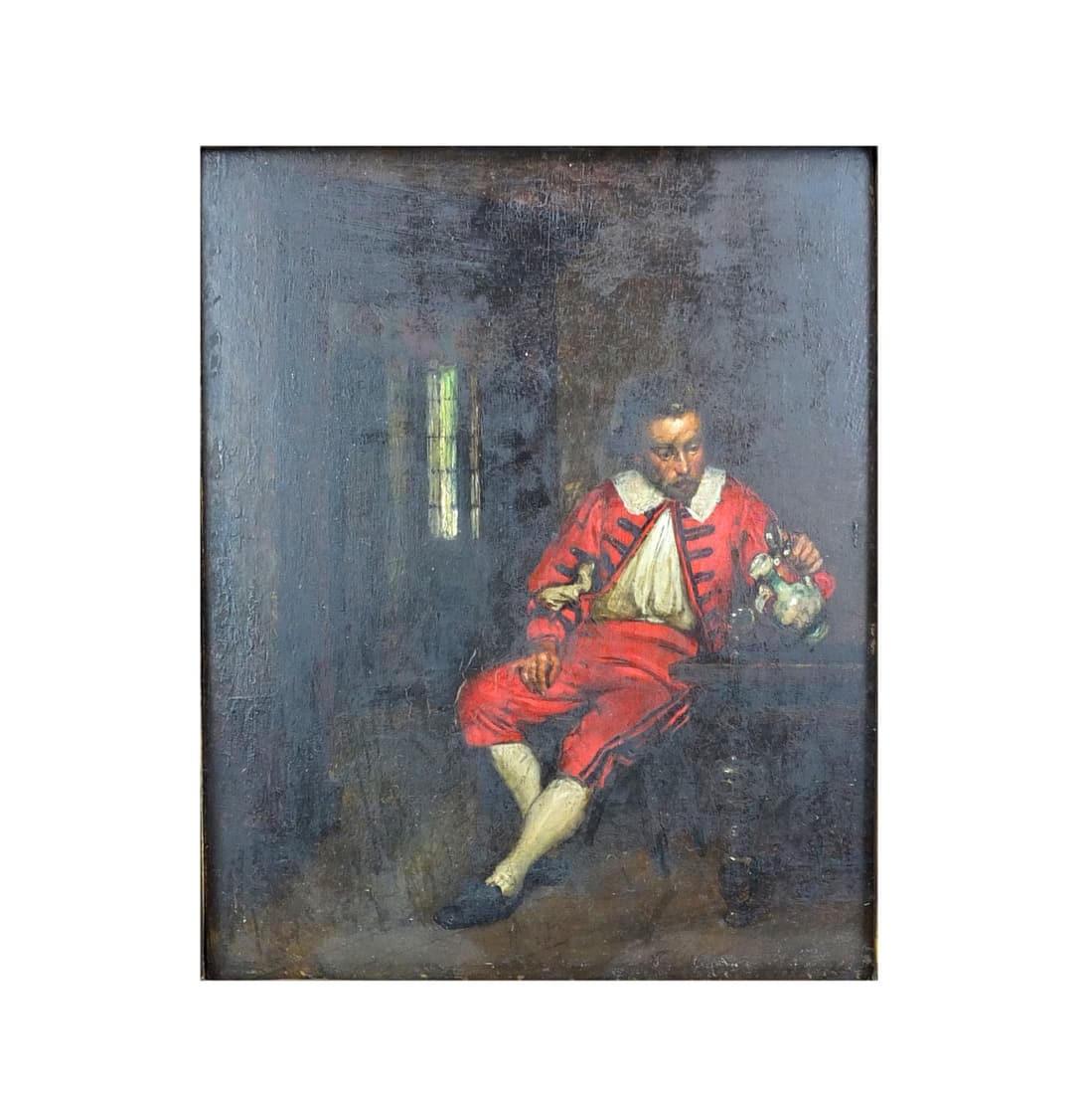 After: Gabriel Metsu (1629 - 1667) O/P: After: Gabriel Metsu, Dutch (1629 - 1667) "Huntsman in Red Jacket, Pouring Himself a Drink" Oil on Panel, Unsigned. Remnant of an old label attached en verso. Sight measures 6-1/2" x 5-1/2". Frame mea