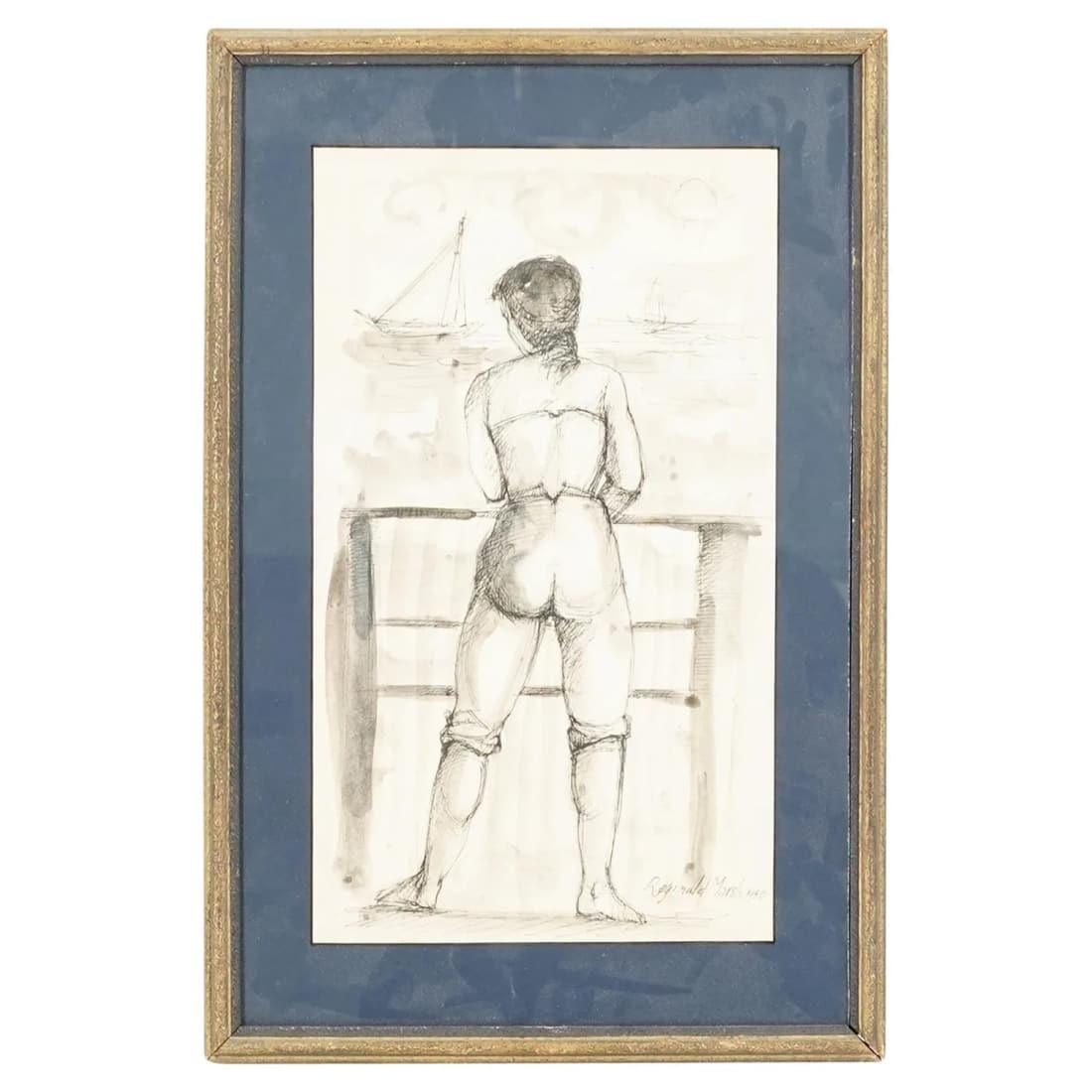 Reginald Marsh, American (1898 - 1954): Reginald Marsh, American (1898 - 1954) Ink and Wash on Paper "Portrait of a Woman Overlooking an Ocean View" Signed and Dated 1950 Lower Right. Frame measures 17 1/2" x 11 1/2". Condition: Good condit