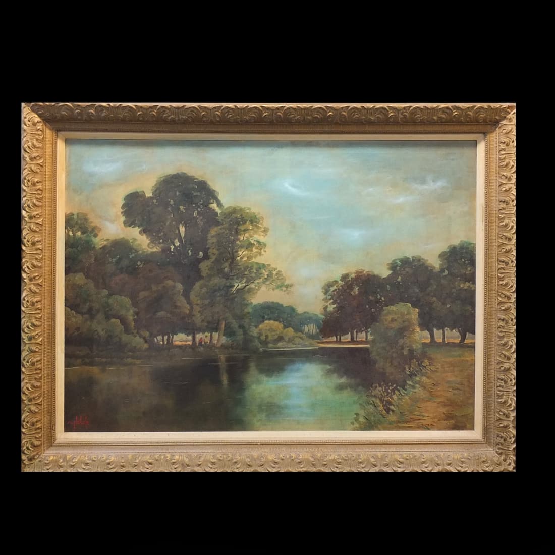 Alexander Nelke, Estonian (1894 - 1974): Alexander Nelke, Estonian (1894 - 1974) Oil on Canvas "View of a Lake" Signed Lower Left. Measures 29-1/2" x 39-1/2". Frame measures 36-3/8" x 46-1/4". Condition: Yellowing to the canvas. Estimate 100