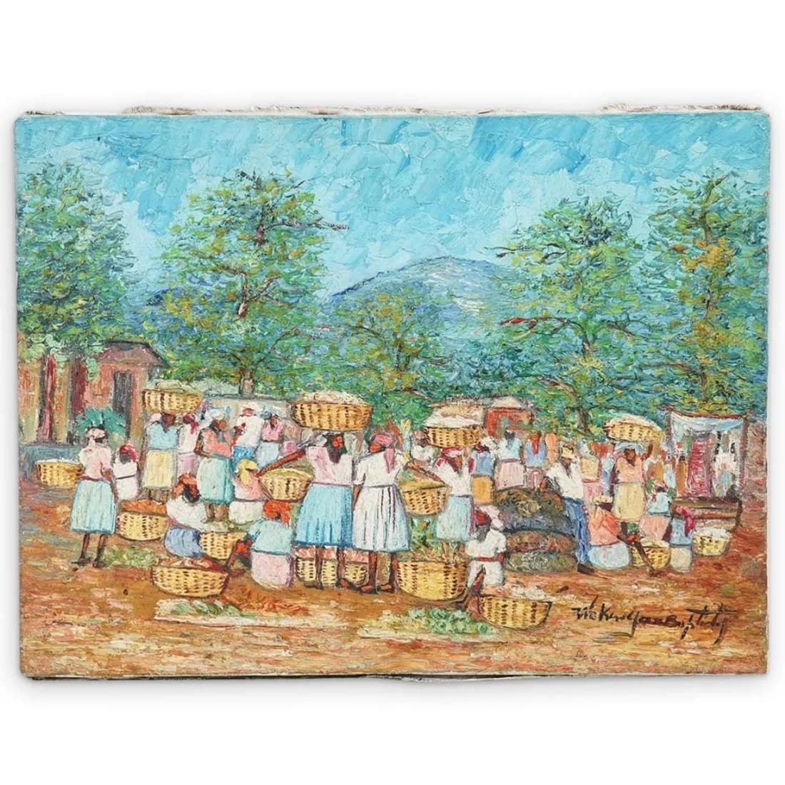 Wakim Jean Baptiste (Born 1971): Wakim Jean Baptiste, Haitian (Born 1971) Oil on Canvas "Market Scene" Signed Lower Right. Unframed. Measures 16" x 12". Condition: Good condition. Estimate 100.00 - 200.00 Domestic shipping Third part