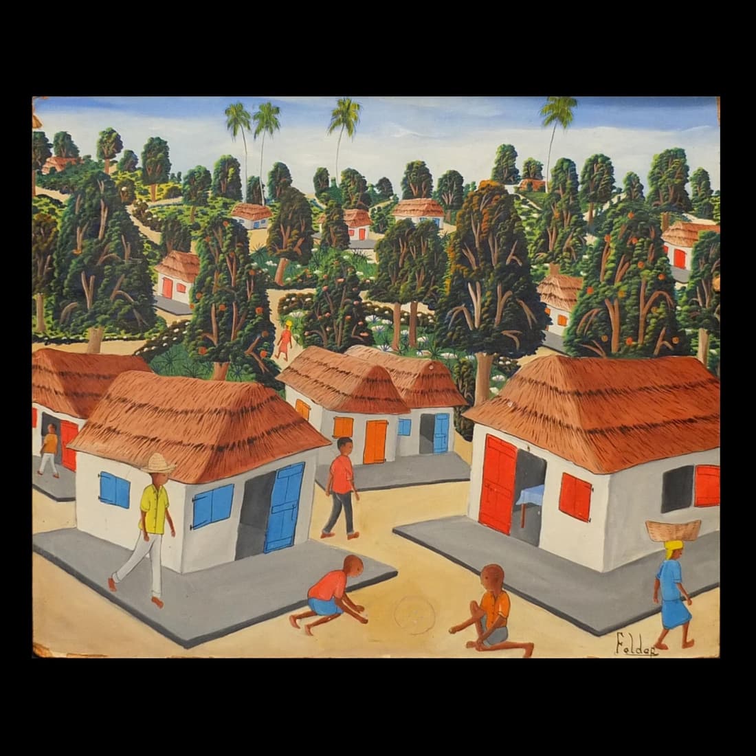 J Felder Dubique (20th C.): J Felder Dubique, Haitian (20th Century) Oil on Board "Village Scene" Signed Lower Right. Frame measures 22" x 26". Condition: Has some normal wear along the lower edge otherwise good condition. Estim